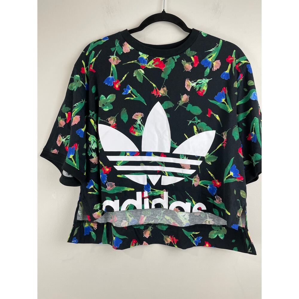 Adidas Originals Bellista Black Floral Print Oversized Cropped Tee NWT Sz M